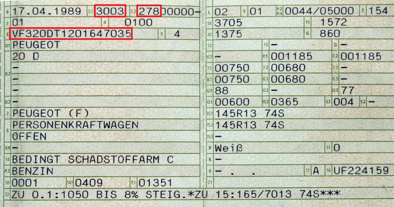 Position von KBA-Nummer und FIN in der Zulassungsbescheinigung Teil I